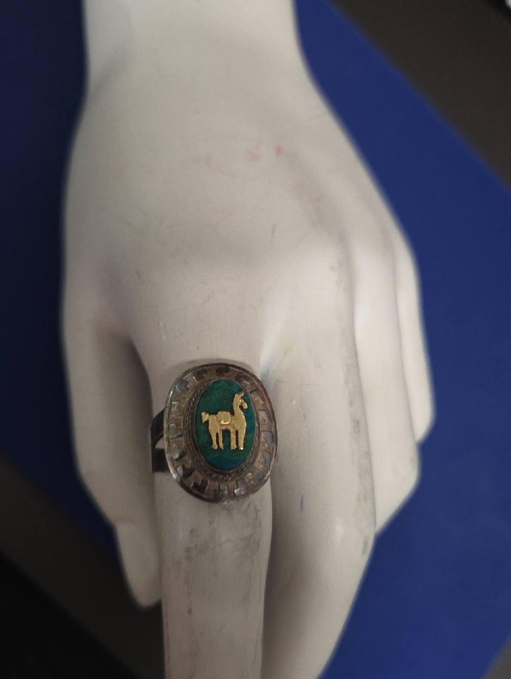 Vintage Peru 18k Gold & 925 Sterling Silver Llama Turquoise Ring - Estate Jewery